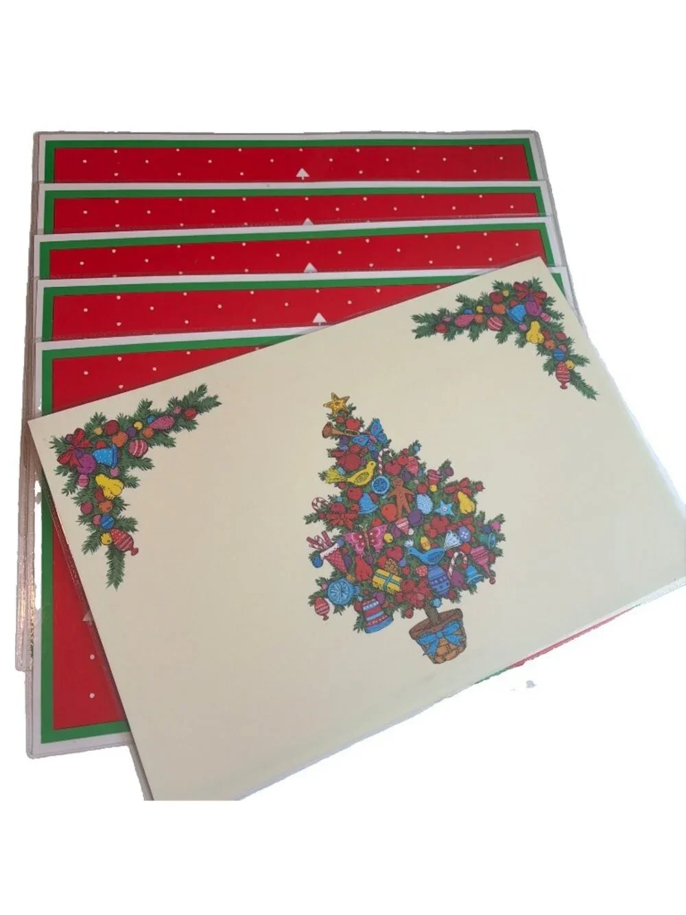 Vintage Laminated Reversible Christmas Placemats Holiday Christmas Tree Set of 6